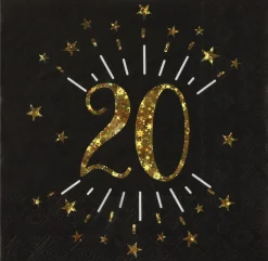 20 Års Servietter Glitter Guld/Sort